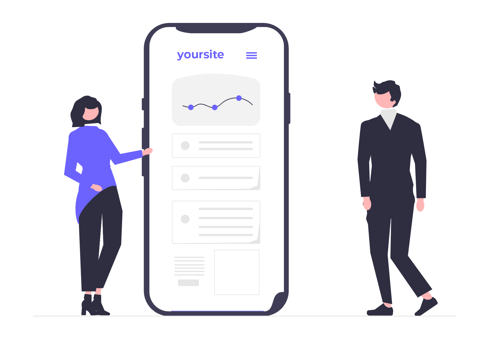 animated image of two people standing next to a large phone while it displays a scrolling website